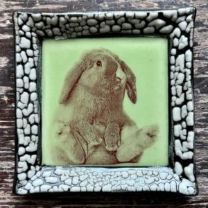 Small White Crackle Square Plate - Rabbit - Green