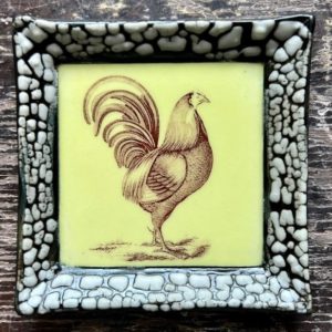 Small White Crackle Square Plate - Rooster - Yellow
