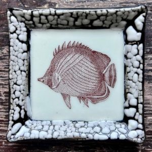 Small White Crackle Square Plate - Butterfly Fish - Light Blue