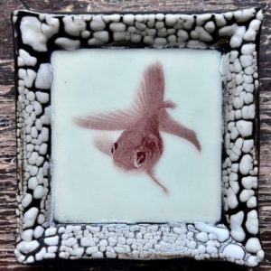 Small White Crackle Square Plate - Goldfish - Light Blue