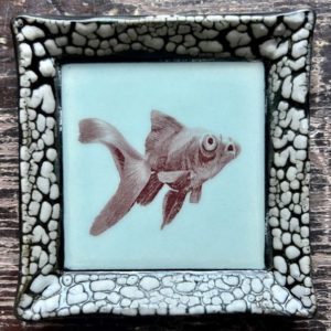 Small White Crackle Square Plate - Goldfish #2 - Blue